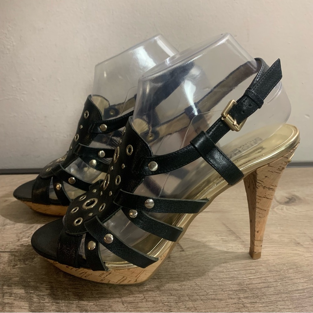 Women's MICHAEL KORS Black Leather SILVER Stud & Grommet CORK High Heel SANDALS